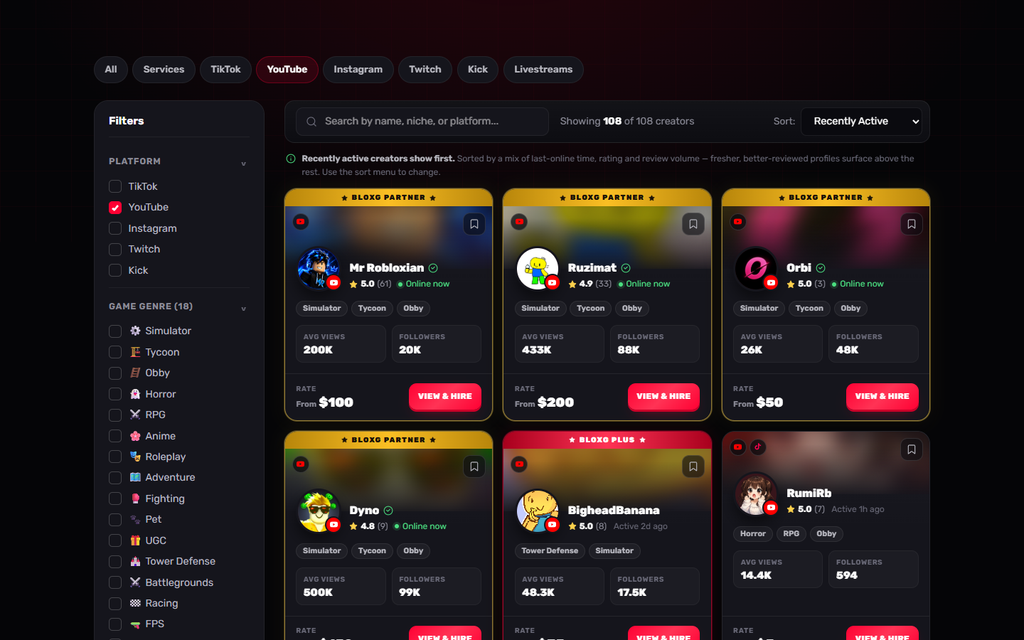 Roblox YouTube creators for hire on the BLOXG influencer marketplace, with average views and rates