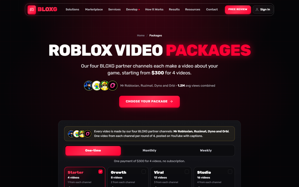 BLOXG Roblox YouTube video packages: four partner channels, from $300 for 4 videos