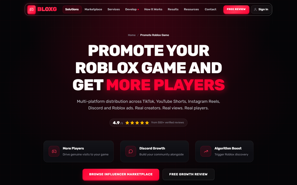 BLOXG Roblox marketing agency page: promote your Roblox game and get more players